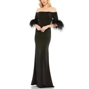 Mac Duggal 11441 Off the Shoulder Feather Trim Column Gown Black Size 4 Dress